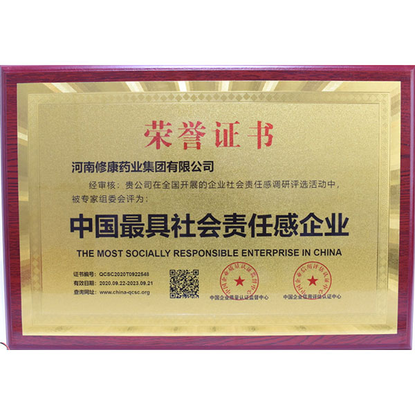 修康藥業(yè)集團(tuán)榮獲 “中國最具社會(huì)責(zé)任感企業(yè)”